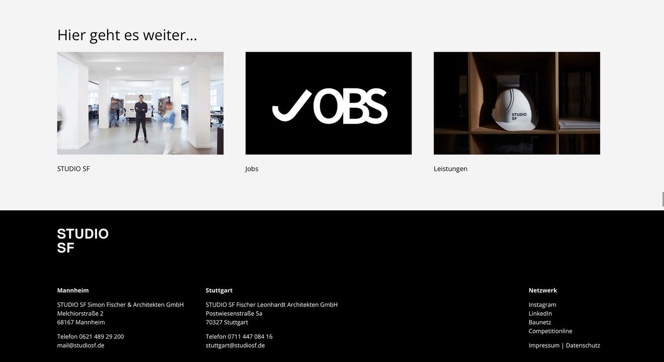 STUDIO SF Architekten, Webseite – Aufbau und Struktur, Footer und Aktionen
